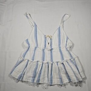 Ocean Drive Womens Blue White Striped cottagecore Ruffle Camisole Top Medium